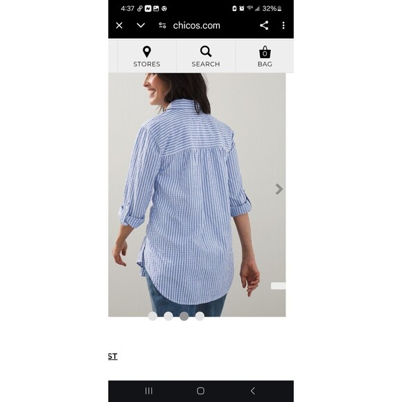 Chico's Size 3(16/18) Blue/White Miced Stripe Seersucker Roll Tab 1/2 Button-Up - Picture 3 of 8